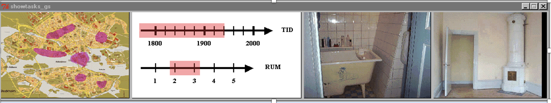 A pictorial scenario strip showing: a Stockholm map with two shaded pink search areas; a timeline from 1800 to 2000 with a highlighted range; a room-count axis from 1 to 5 with a highlighted range; a photograph of a bathroom with a claw-foot tub; a photograph of a room with a tiled stove