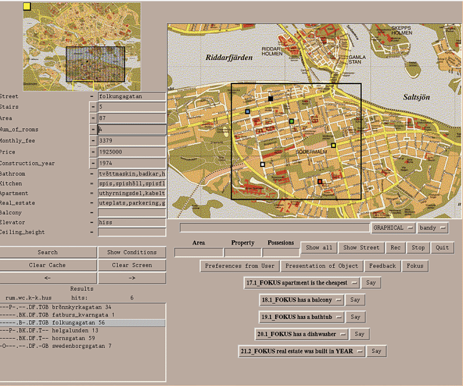 The Wizard-of-Oz interface showing a form-based apartment query panel on the left with fields for street, price, rooms and amenities, a colour Stockholm map with apartment icons in the centre, and a panel of pre-made response templates at the bottom
