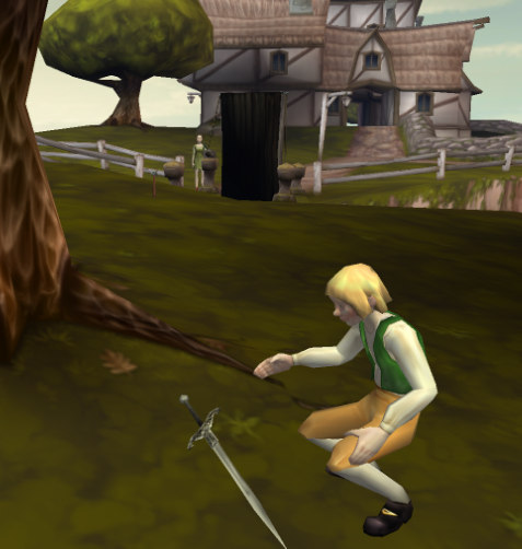 Cloddy Hans picking up sword