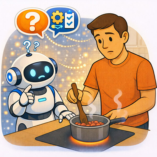 Apprentice — robot with question face watches human cook