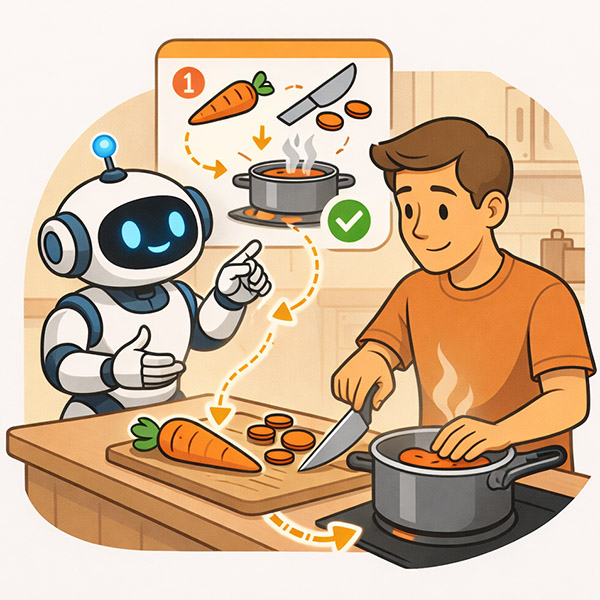 Instructor — robot gestures stop while human prepares food