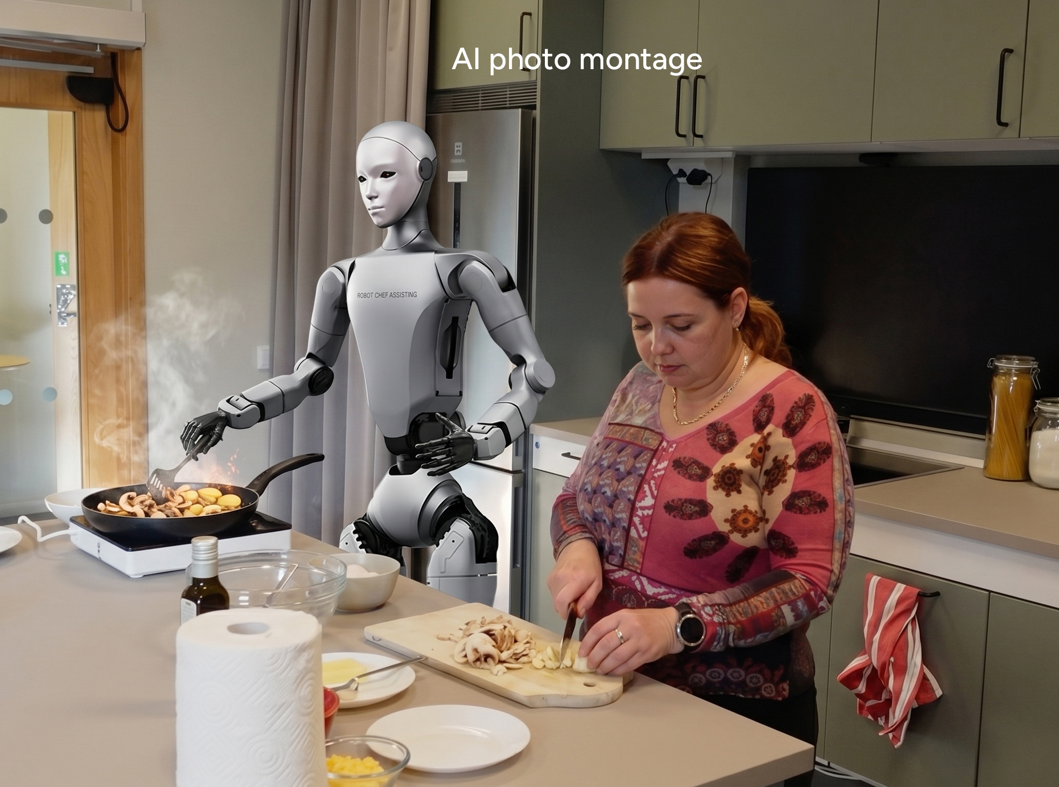 A Unitree humanoid robot assisting a person in a domestic kitchen